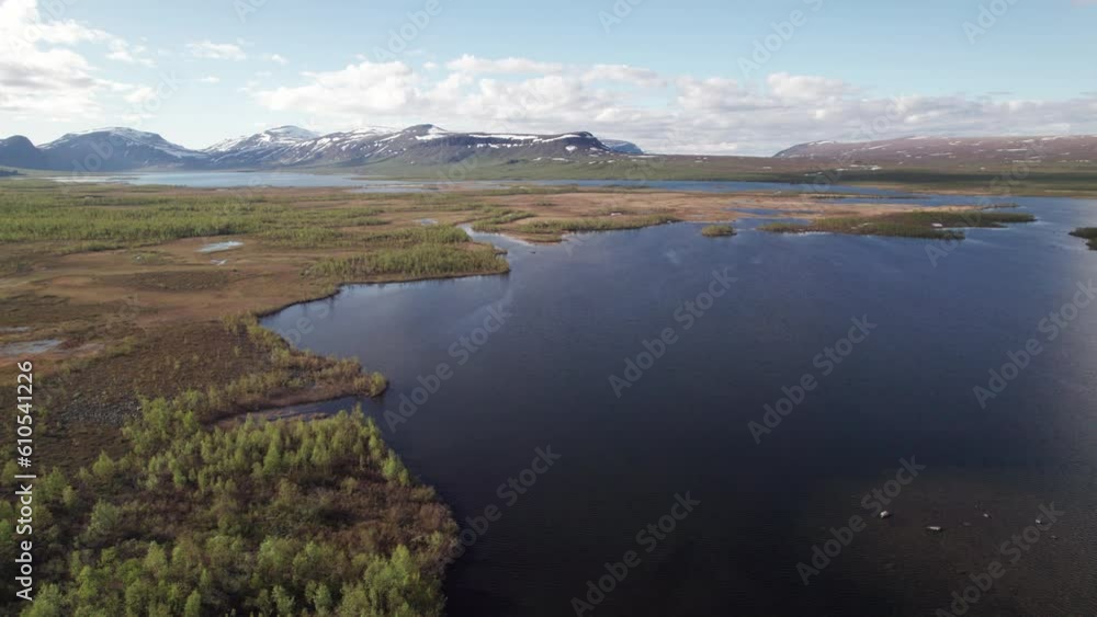 Aerial View of a Beautiful Serene Swedish Mountain and Lake Landscape at Sunset, Lapland, Kungsleden Trail, Sitojaure Aerial View of a Beautiful Serene Swedish Mountain and Lake Landscape at Sunset, Lapland, Kungsleden Trail, Sitojaure