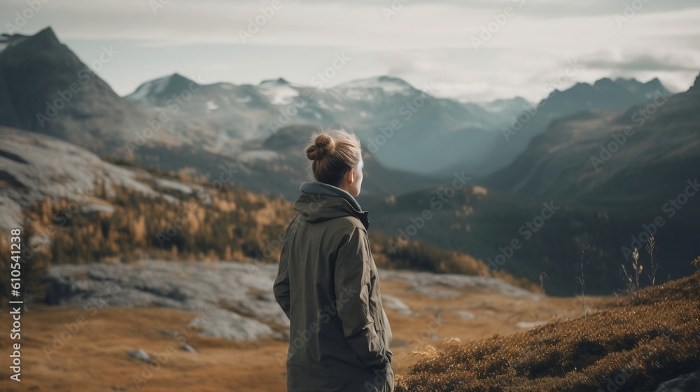 A person looking into the mountain range, Generative AI