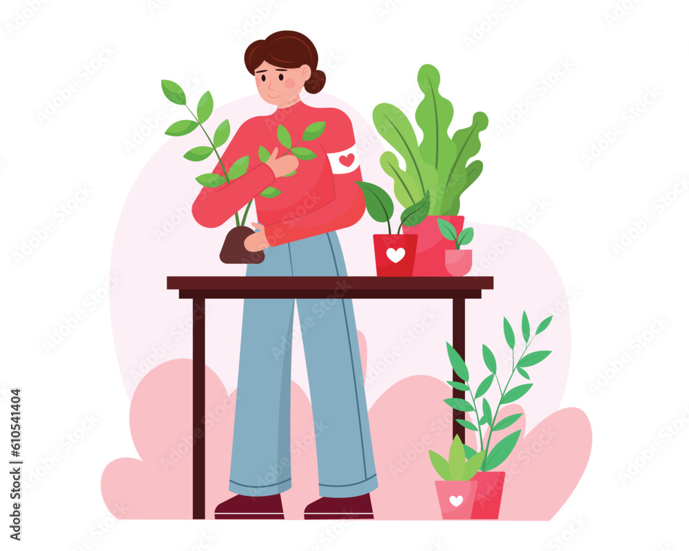 Young female in uniform standing near table and holding potted flowers. Lady working in volunteering organization, helping nature. Flat vector illustration in red colors Young female in uniform standing near table and holding potted flowers. Lady working in volunteering organization, helping nature. Flat vector illustration in red colors