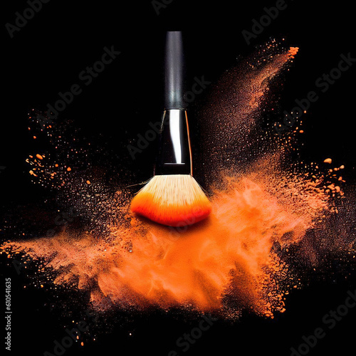 Make-up brushes with tangelo powder explosion isolated in a black background with Generative AI.