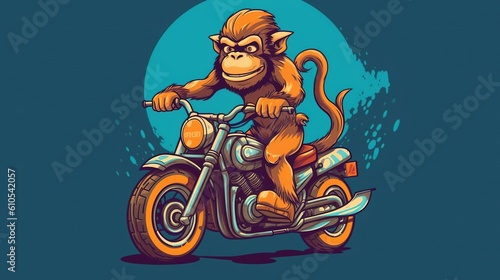 Monkey riding a motorcycle on blue background. Cartoon character. Cartoon illustration, Generative Ai