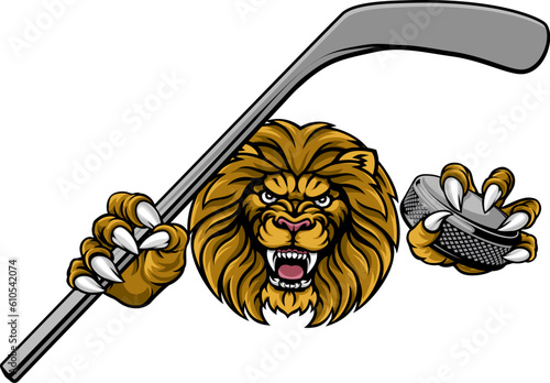 A lion ice hockey player cartoon sports mascot holding a hockey puck and stick