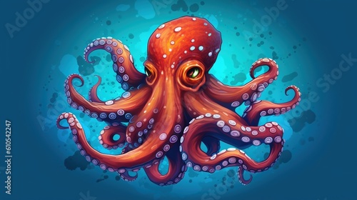 Illustration of a cartoon octopus on blue background. Cartoon character. Cartoon illustration, Generative Ai