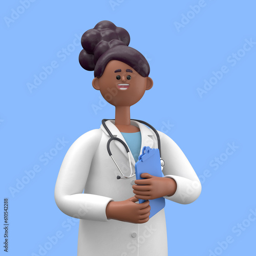 3D illustration of Female Doctor Juliet holds blue clipboard. Professional caucasian male specialist. Medical clip art isolated on blue background. Hospital assistant 