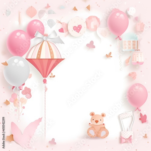 Baby shower banner with cartoon rocket and balloons.