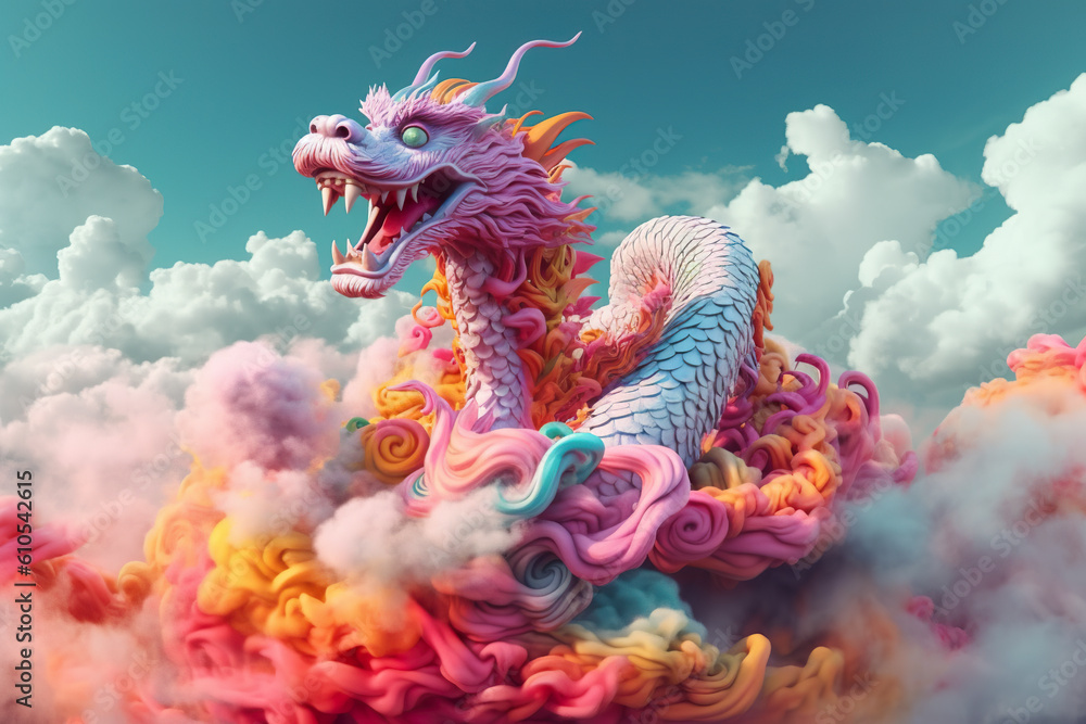 A colorful Chinese dragon flying through clouds. Generative AI. A colorful Chinese dragon flying through clouds. Generative AI.