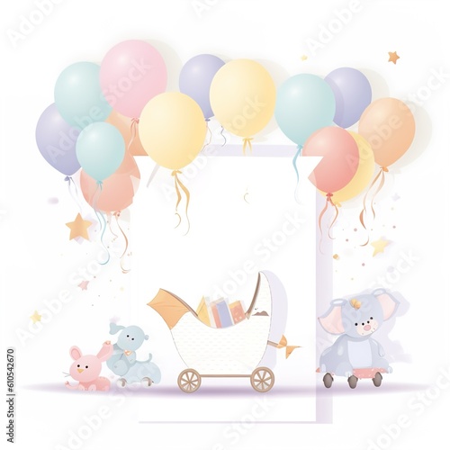 Baby shower banner with cartoon rocket and balloons. © GED