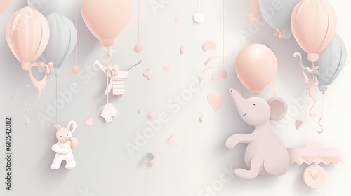 Baby shower banner with cartoon rocket and balloons.