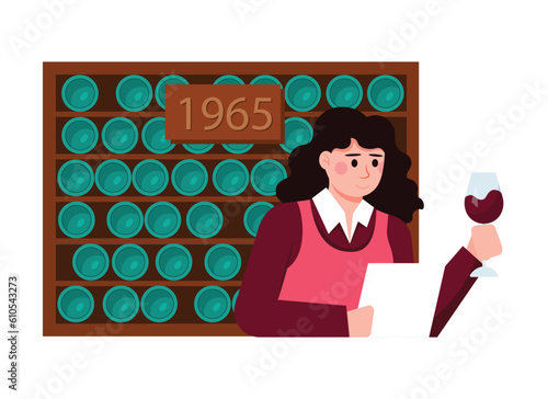 Cartoon girl taster looks at list and holds glass of wine against background of wines. Time for vinification. Vector flat style illustration on white background