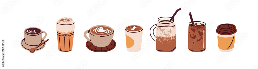 Hot and cold coffee beverage. Different types of drinks set. Espresso, americano cup, cappuccino and latte in paper mug, iced macchiato in glass. Flat vector illustrations isolated on white background - obrazy, fototapety, plakaty 