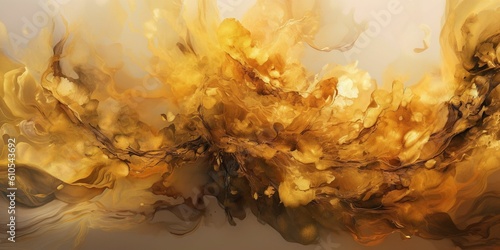 Illustration of abstract fluid art in shades of yellow and brown created with Generative AI technology