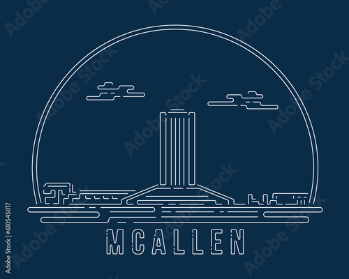 McAllen, Texas - Cityscape with white abstract line corner curve modern style on dark blue background, building skyline city vector illustration design photo
