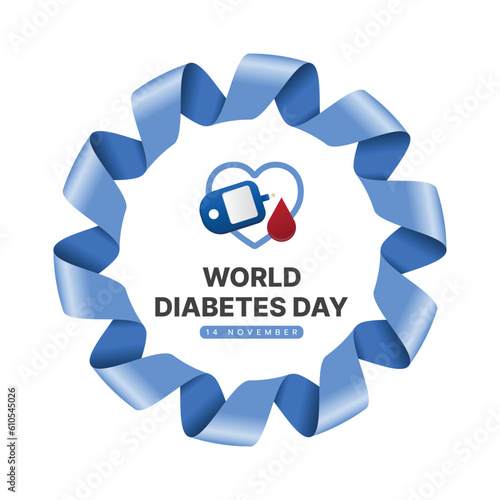 World diabetes day - Text and glucose testing red blood drop on line heart sign in blue circle ribbon roll waving frame vector design