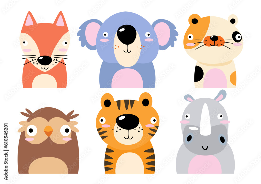Set of wildlife animals . Dumb face . Vector illustration .