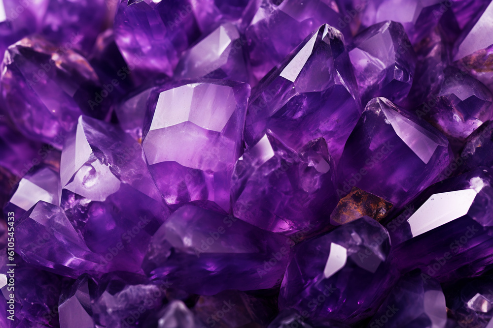 Beautiful close up texture of shiny amethyst crystal created with AI generative tools