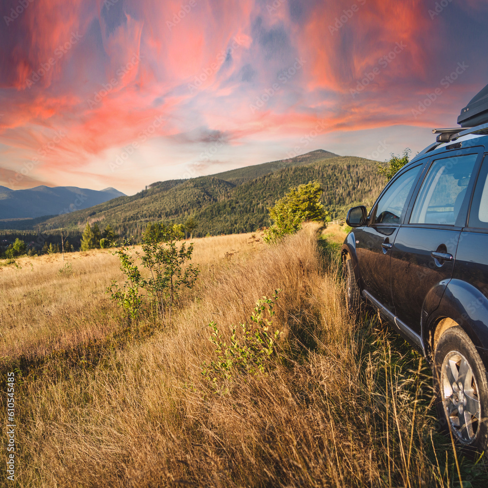 car for traveling with a mountain road car for traveling with a mountain road