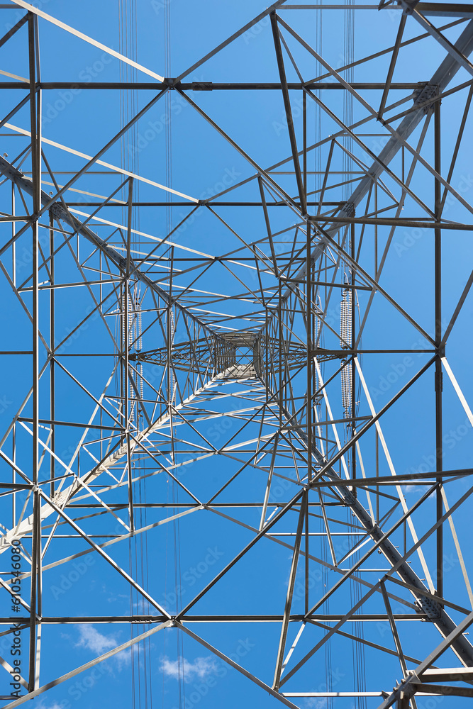 Power line tower. Energy industry. Industrial electricity distribution. Renewable production