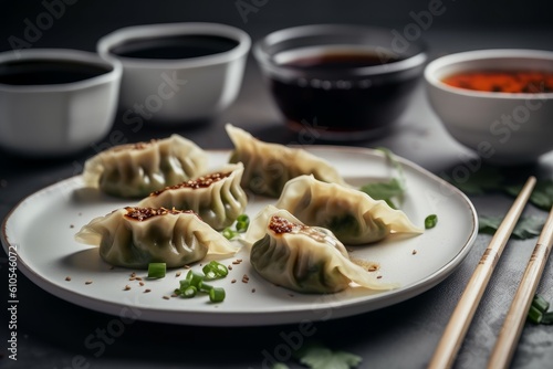 Dumplings gyozas sauce menu. Generate Ai photo