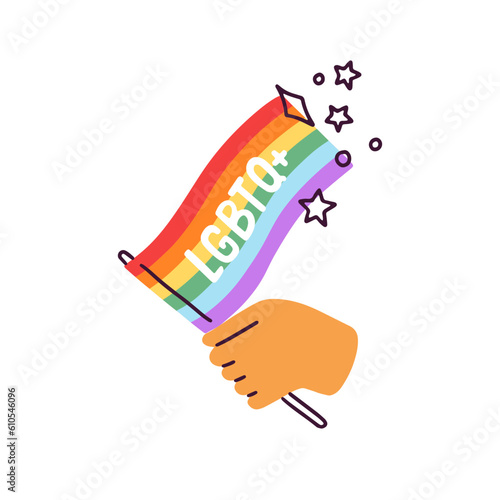Hand holding rainbow-colored flag for homosexual, lesbian, gay love support. LGBTQ symbol, pride month, homosexuality and queer holiday concept. Flat vector illustration isolated on white background