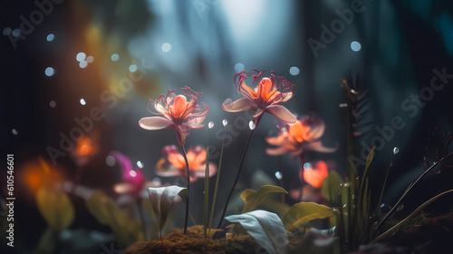 Beautiful flowers in the tropical forest, front view.