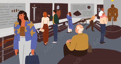 History and archaeology exhibition, exposition in historical museum. People visiting, walking, watching, studying displayed artifacts. Visitors in hall of ancient culture. Flat vector illustration