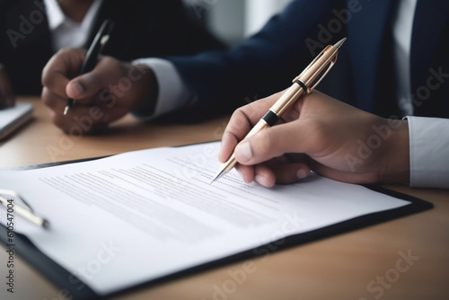 Close up of unrecognizable man signing a contract while financial advisor is aiming at the place he need to sign