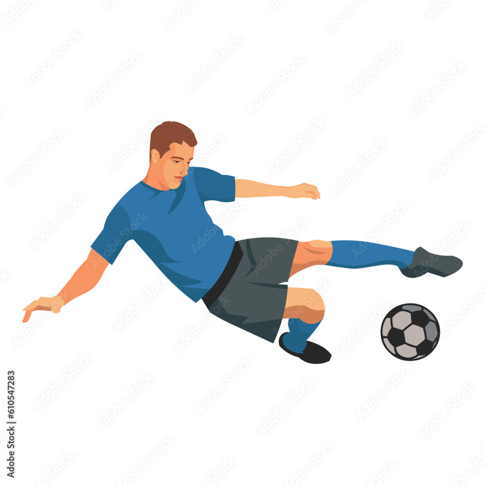 Isolated figure of a football player in a blue sports uniform jumps to hit the ball