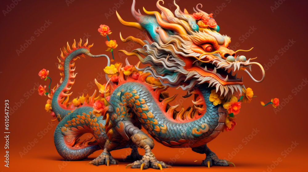 Fototapeta premium Traditional 3d chinese dragon illustration. 3d character dragon bright colors print for clothes, stationery. Banner chinese dragon 2024. New Year of the Dragon 2024. Generative ai.