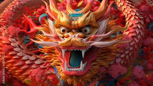 Traditional 3d chinese dragon illustration. 3d character dragon bright colors print for clothes, stationery. Banner chinese dragon 2024. New Year of the Dragon 2024. Generative ai.