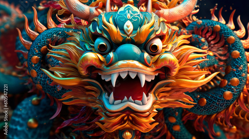 Traditional 3d chinese dragon illustration. 3d character dragon bright colors print for clothes, stationery. Banner chinese dragon 2024. New Year of the Dragon 2024. Generative ai. © Nataly G