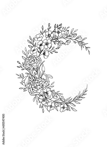Crescent Shape floral Design elements in black and white 