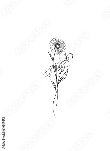 Simple line drawing  floral design elements in black and white