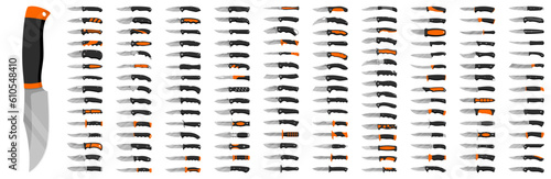 Knife types. Big set of various knife on a white background.