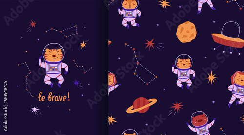smic seamless pattern and poster. Cute animals astronauts, alien ships and planets. Wild animals in outer space. Vector illustration in a flat style. International Day of Human Space Flight and