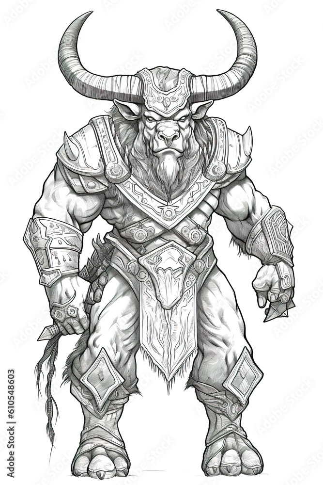 A drawing of a Minotaur, a bull man with horns and armor. Coloring page ...