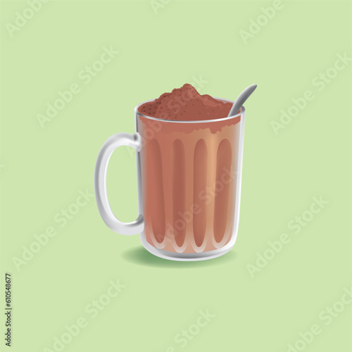 Milo hot chocolate drink vector illustration in transparent glass mug with metallic spoon photo