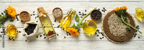 Concept of ingredients for cooking - Sunflower oil photo