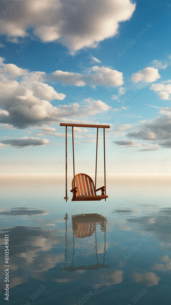 A wooden swing sitting on top of a calm sea or lake with reflection. Generative AI.