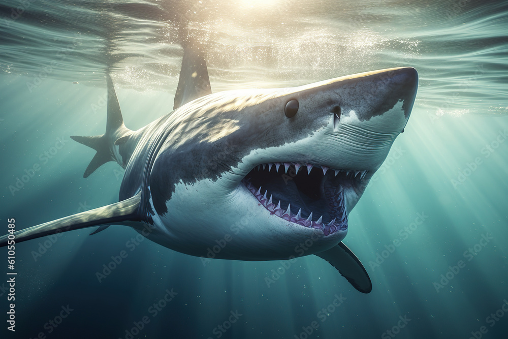 Obraz premium Close-up white tiger shark underwater in the ocean sunlight, AI Generative.