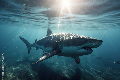 Close-up white tiger shark underwater in the ocean sunlight, AI Generative.