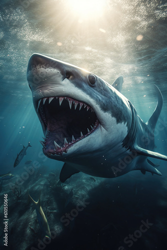 Close-up white tiger shark underwater in the ocean sunlight,  AI Generative. © Viktoriia