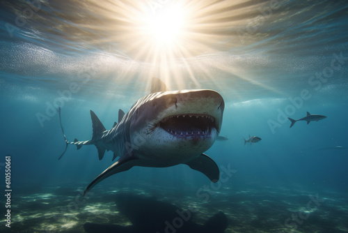Close-up white tiger shark underwater in the ocean sunlight, AI Generative.