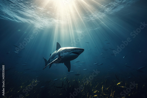 Close-up white tiger shark underwater in the ocean sunlight, AI Generative.