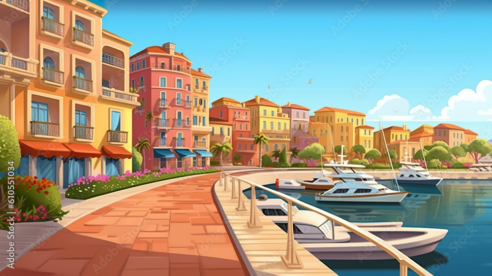 Background city promenade. An artistic illustration depicting a scenic city promenade, showcased for a visually appealing experience. Generative AI.