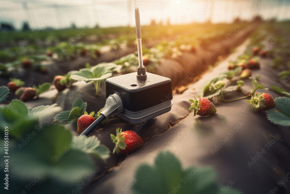 smart farm, Automated Irrigation Systems on the field of strawberries. Close-up of ripe strawberries, soil moisture sensors.  Generative AI - obrazy, fototapety, plakaty 