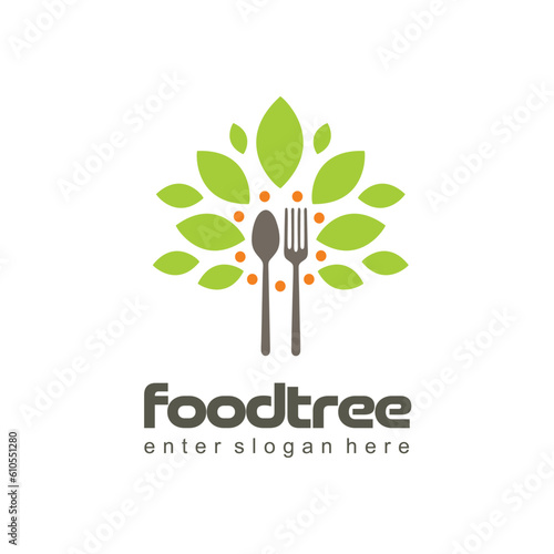 tree logo with leaves and cutlery symbol. Giving a natural, fresh and healthy impression. for restaurant logo, cafe, etc.