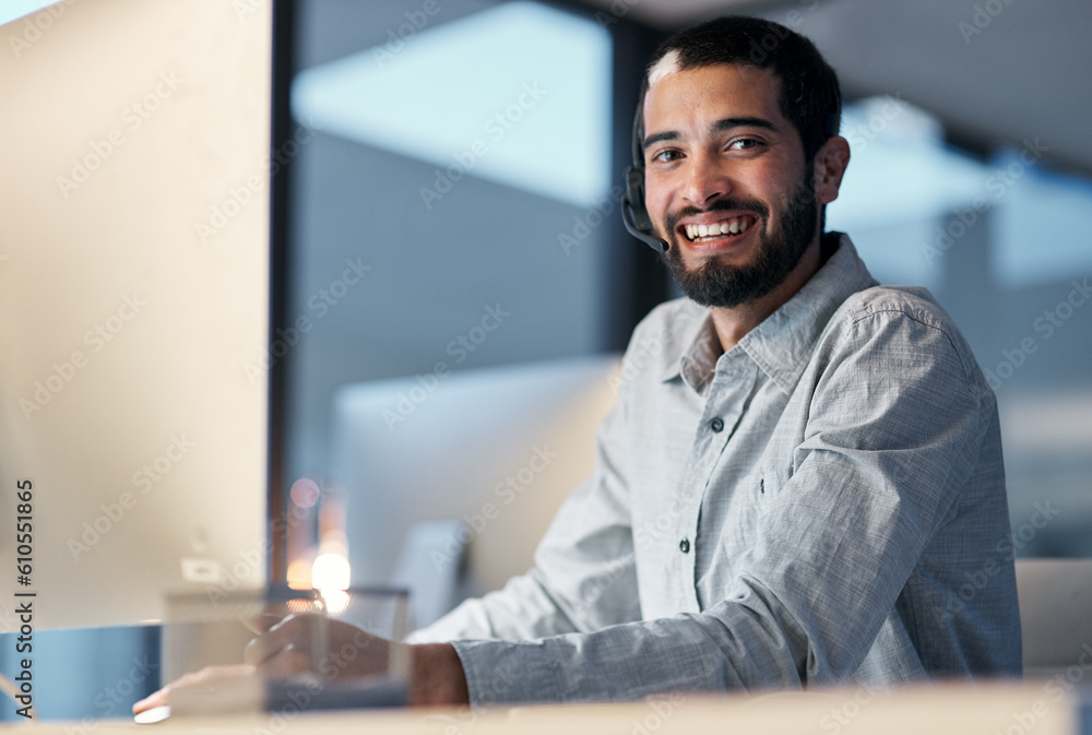 Call center, happy man and portrait at computer for customer service, telemarketing sales and CRM consulting at night. Male agent, desktop pc and smile for communication, advice and technical support Call center, happy man and portrait at computer for customer service, telemarketing sales and CRM consulting at night. Male agent, desktop pc and smile for communication, advice and technical support