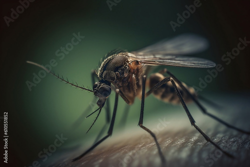 Mosquito sucking human blood. Aedes Aegypti Mosquito on human skin. Mosquito vector borne disease is carrier of Malaria, Zica Virus, Yellow Fever. Generative AI Technology