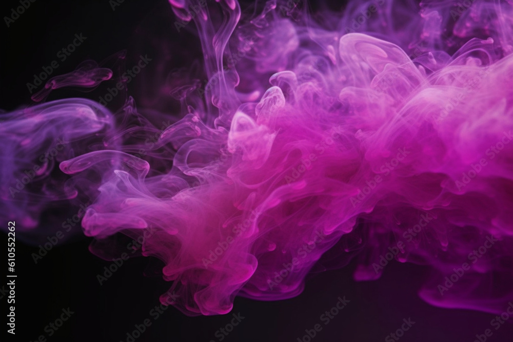 Color mist, Glitter smoke, Paint water splash, Magic potion, Purple pink glowing sparkling particles fog floating on dark black abstract art background with free space