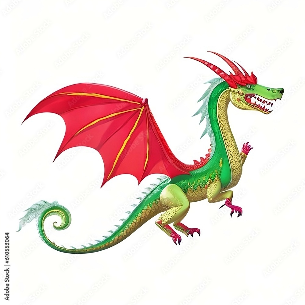 Fototapeta premium Fairy tale dragon, magic creature with tail and wings. Сartoon illustration of fire breathing monsters from medieval mythology, fantasy red and green flying beasts isolated on white background, Genera